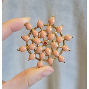 Gold Tone Light Pink Enamel Red Rhinestone Round Pin Brooch BR1